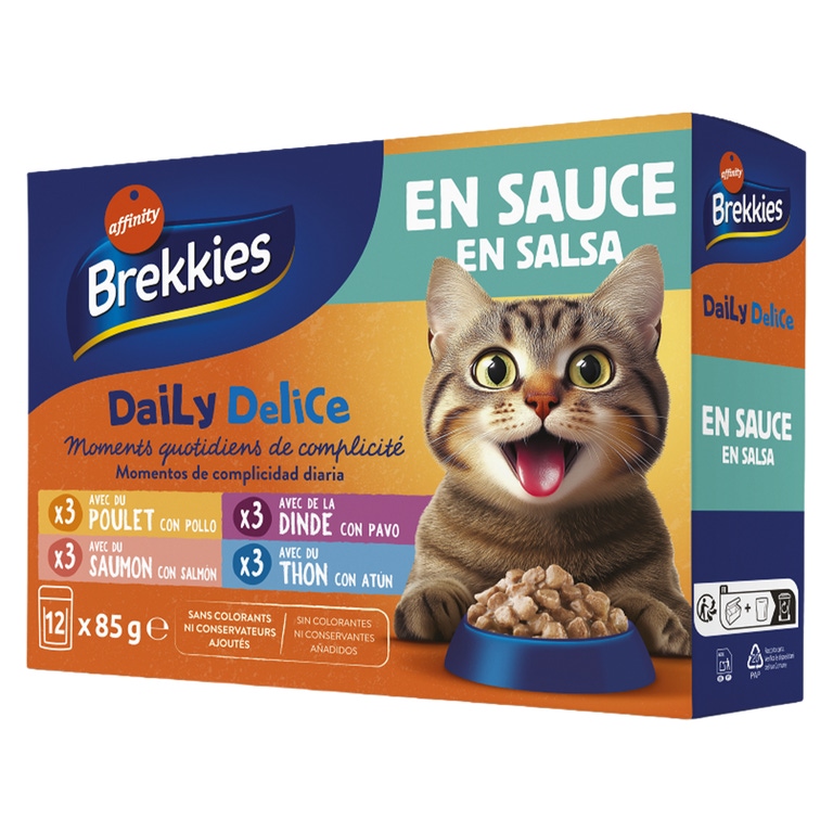 BREKKIES - Comida Húmida para Gato com Frango, Peru, Salmão e Atum em Molho