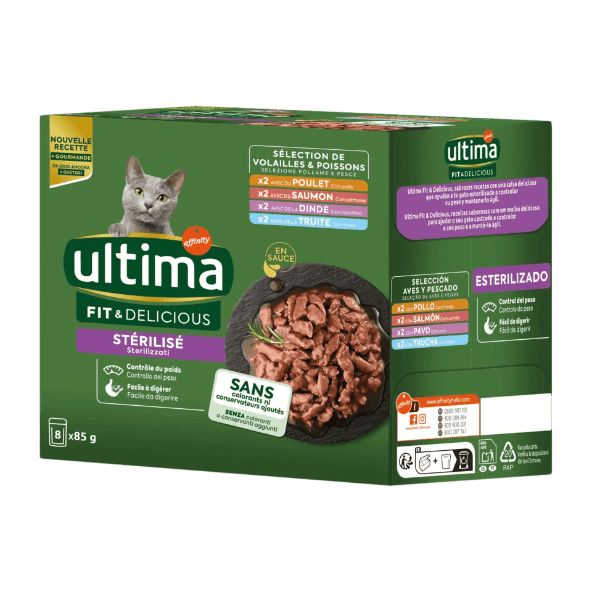 ULTIMA - Alimento Húmido de Frango, Peru, Salmão e Truta para Gato Esterilizado